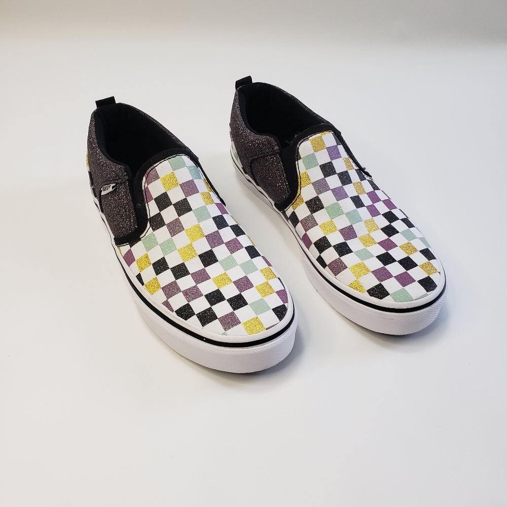 Kids size 3.5 Vans Asher Glitter Purple/Yellow/Blue/Black Checkered Slip-ons